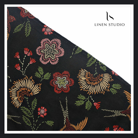 100% Pure Linen Digitally Printed by LINEN STUDIO - Black Flora & Bird (NEW) (Exclusive)