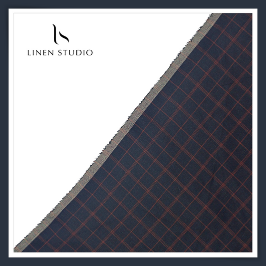 Linen Club 60 Lea Pure Linen Shirting W/O SEL - Gun Metal Blue Checks (45% SALE) (NEW)