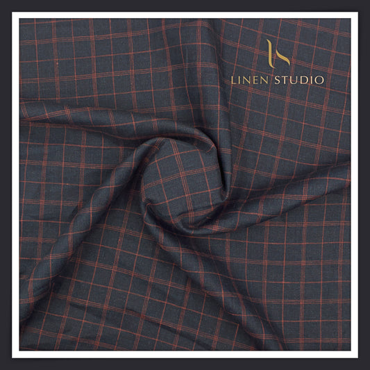 Linen Club 60 Lea Pure Linen Shirting W/O SEL - Gun Metal Blue Checks (30% SALE) (NEW)